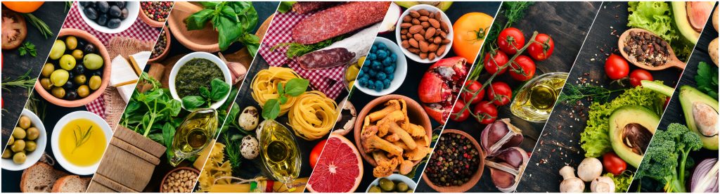 Collage med hälsosam mat som frukt, grönsaker, nötter och bara lite kött